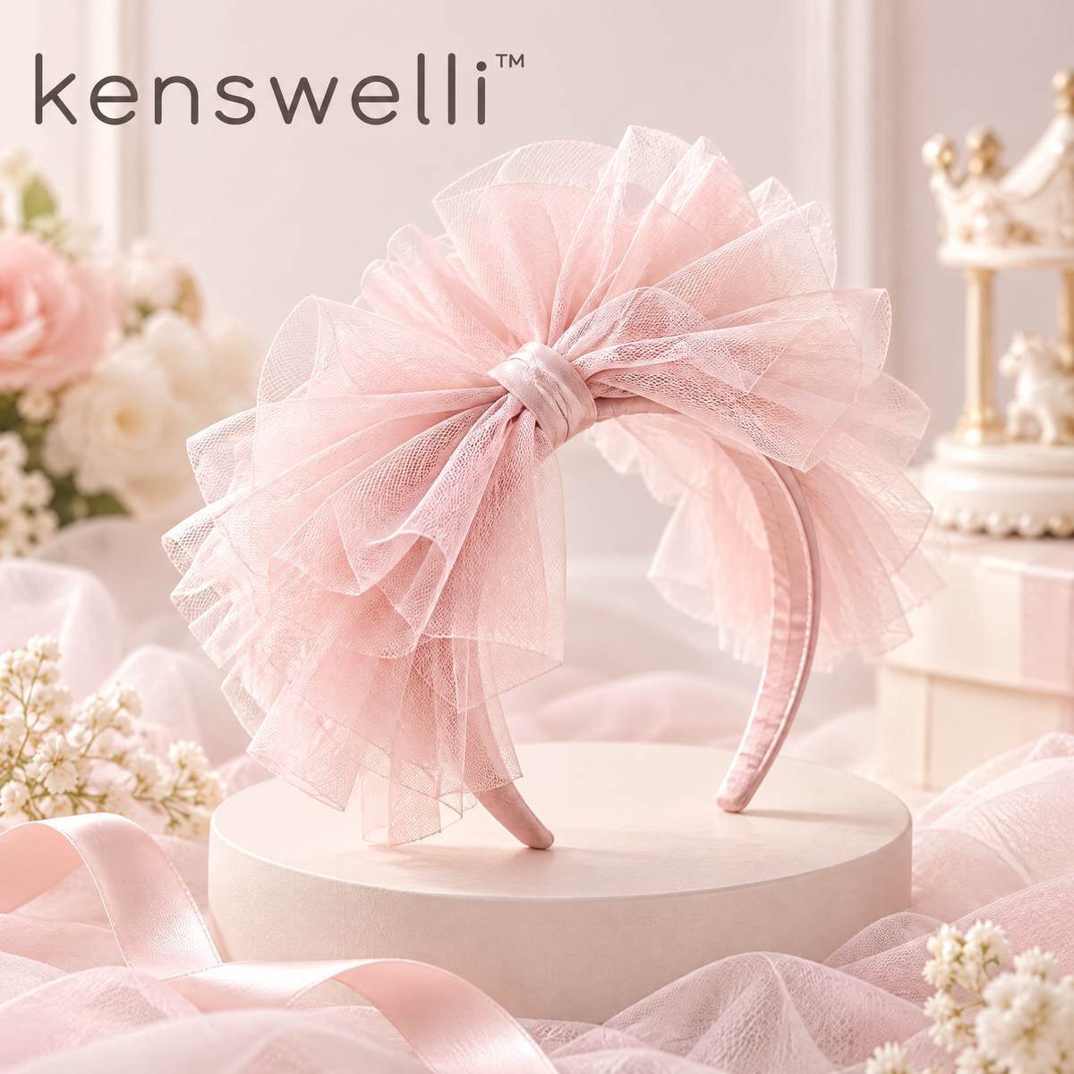 Kenswelli™ Blush Tulle Bow Headband