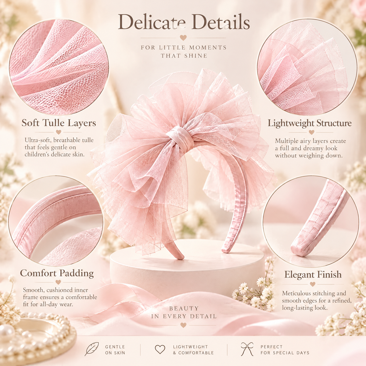 Kenswelli™ Blush Tulle Bow Headband