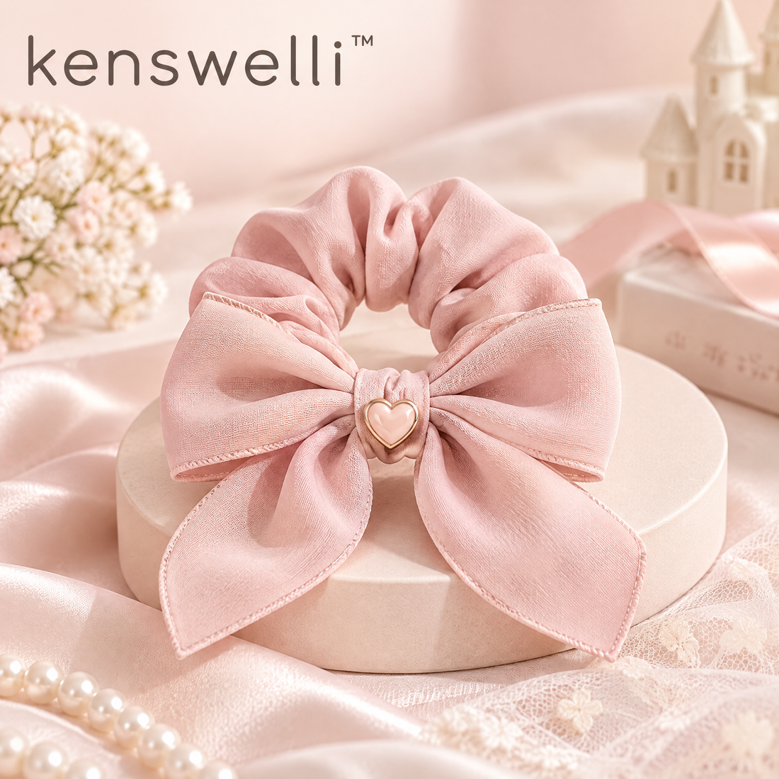 Kenswelli™ Pink Heart Bow Scrunchie