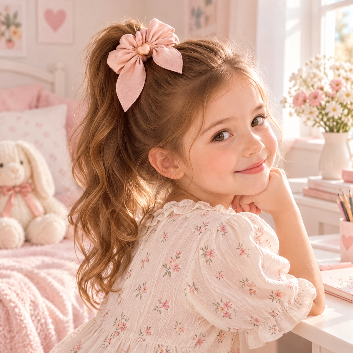 Kenswelli™ Pink Heart Bow Scrunchie