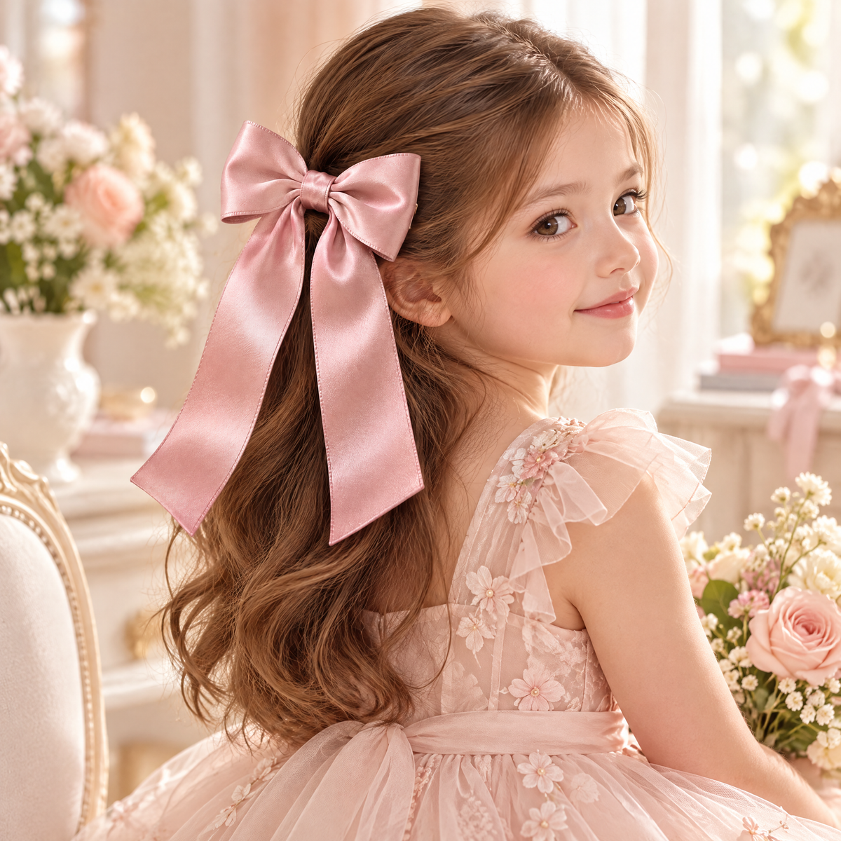 Kenswelli™ Satin Pink Long Tail Bow Clip