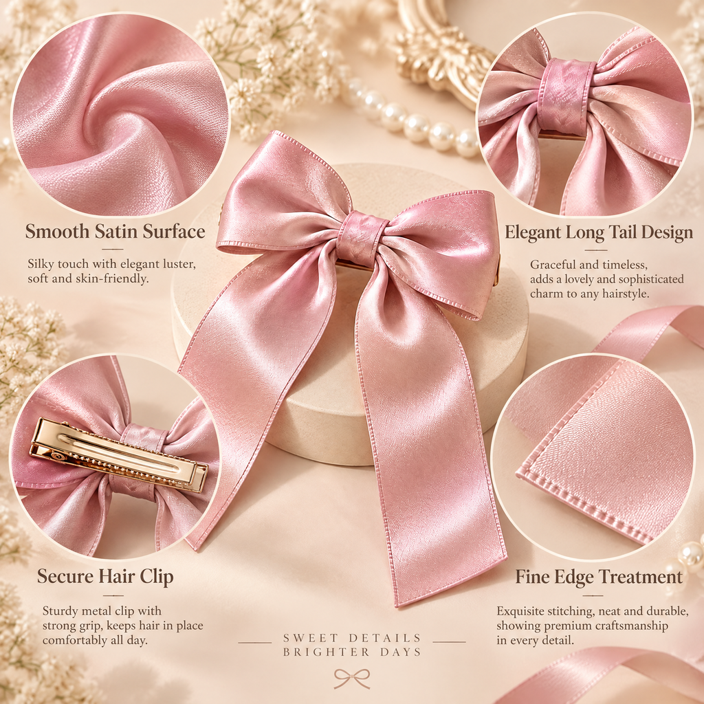 Kenswelli™ Satin Pink Long Tail Bow Clip