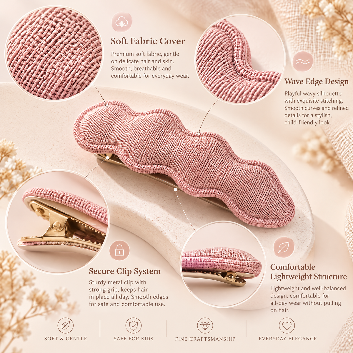 Kenswelli™ Pink Cloud Fabric Hair Clip